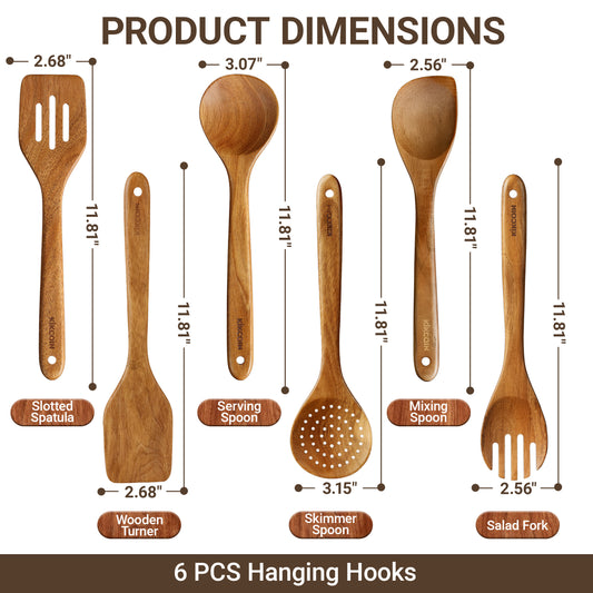 Kikcoin Wooden Cooking Utensil Set, 6 Pcs Acacia Wood Spoons for Cooking, Kitchen Utensils Set for Nonstick Pots, 6 Hooks Included, Heat Resistant