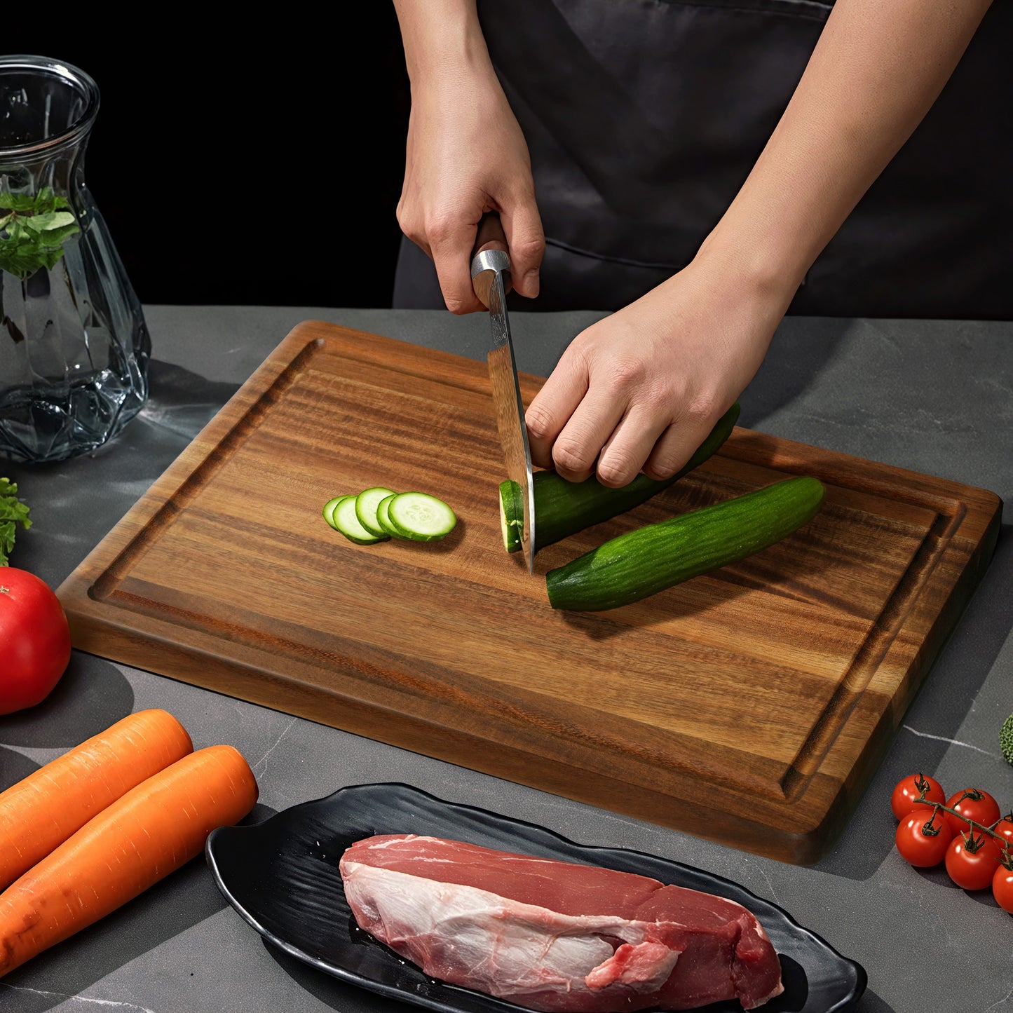 Kikcoin Acacia Wood Cutting Board, 15"x 10" Solid Cutting Board with Juice Grooves & Side Handles, Natural Wood Chopping Board for Kitchen, Serving Tray