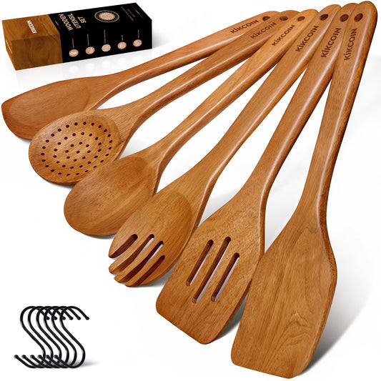 Kikcoin Wooden Cooking Utensil Set, 12 Pcs Acacia Wood Spoons for Cooking, Kitchen Utensils Set for Nonstick Pots, 6 Hooks Included, Heat Resistant