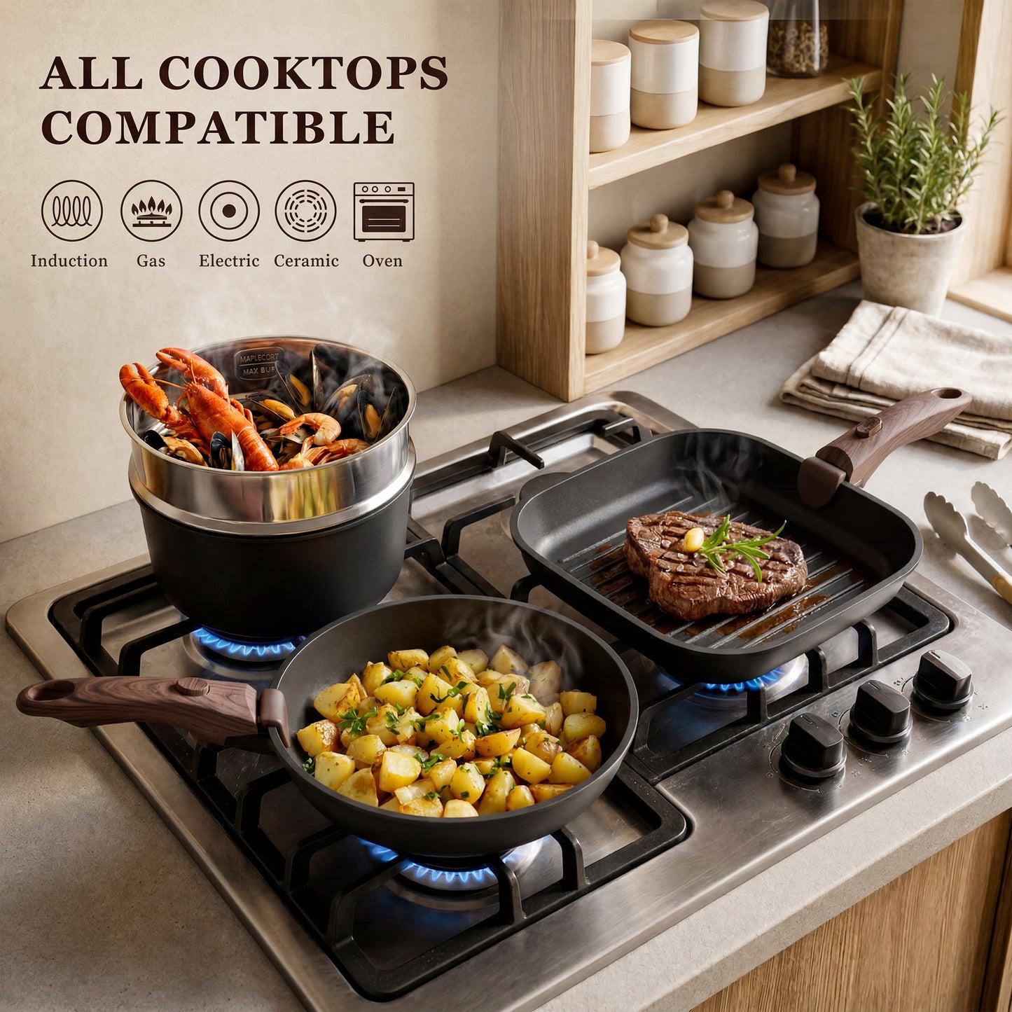 Kikcoin Pots and Pans Set, 24-Piece Ceramic Cookware Set with Detachable Handle, Stackable Pots Set for Kitchen, Induction and Dishwasher Safe, Black