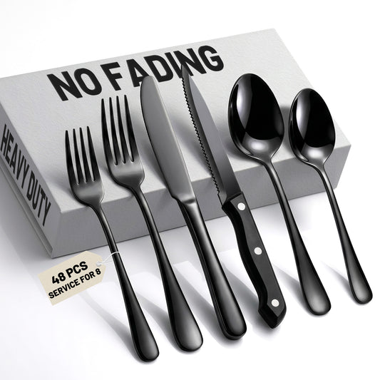 48 PCS NO-FADING Black Silverware Set with Steak Knives, Flatware for 8 Titanium Black Finish, Rust Resistant, Food-Grade Stainless Steel Cutlery Utensils Set, Mirror Polished & Dishwasher Safe