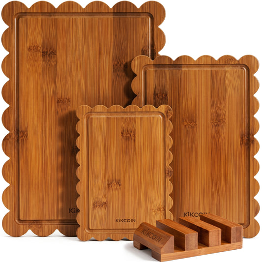 Kikcoin 4-Piece Bamboo Cutting Board Set with Storage Stand, Deep-Carbonized Wooden Cutting Boards for Kitchen, Reversible Chopping Serving Tray