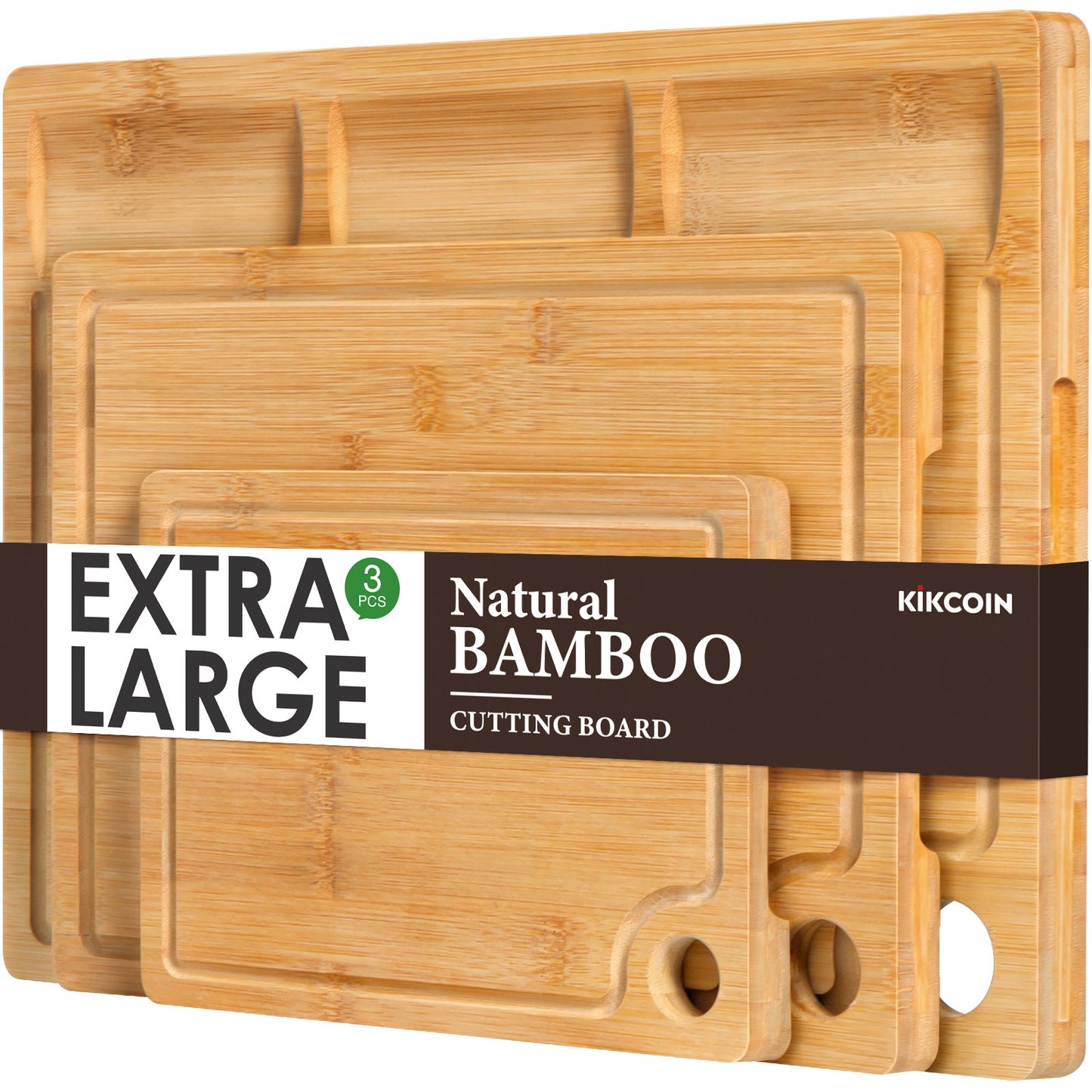 Bamboo Cutting Boards for Kitchen, (Set of 3) Kitchen Chopping Board with 3 Built-In Compartments and Juice Groove Heavy Duty Serving Tray Wood Butcher Block and Wooden Carving Board, Kikcoin