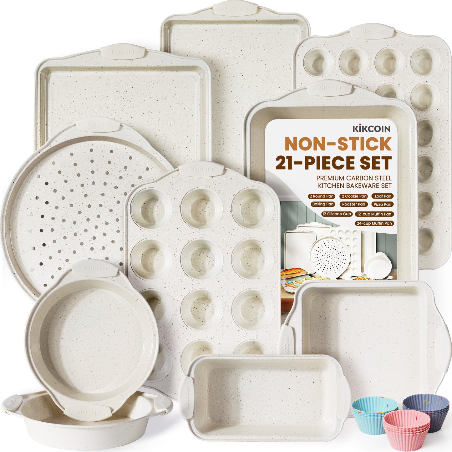Kikcoin Kitchen Bakeware Set, Nonstick Coating Baking Sheet Pans with Silicone Handles, Cookie Sheets for Baking(Beige)