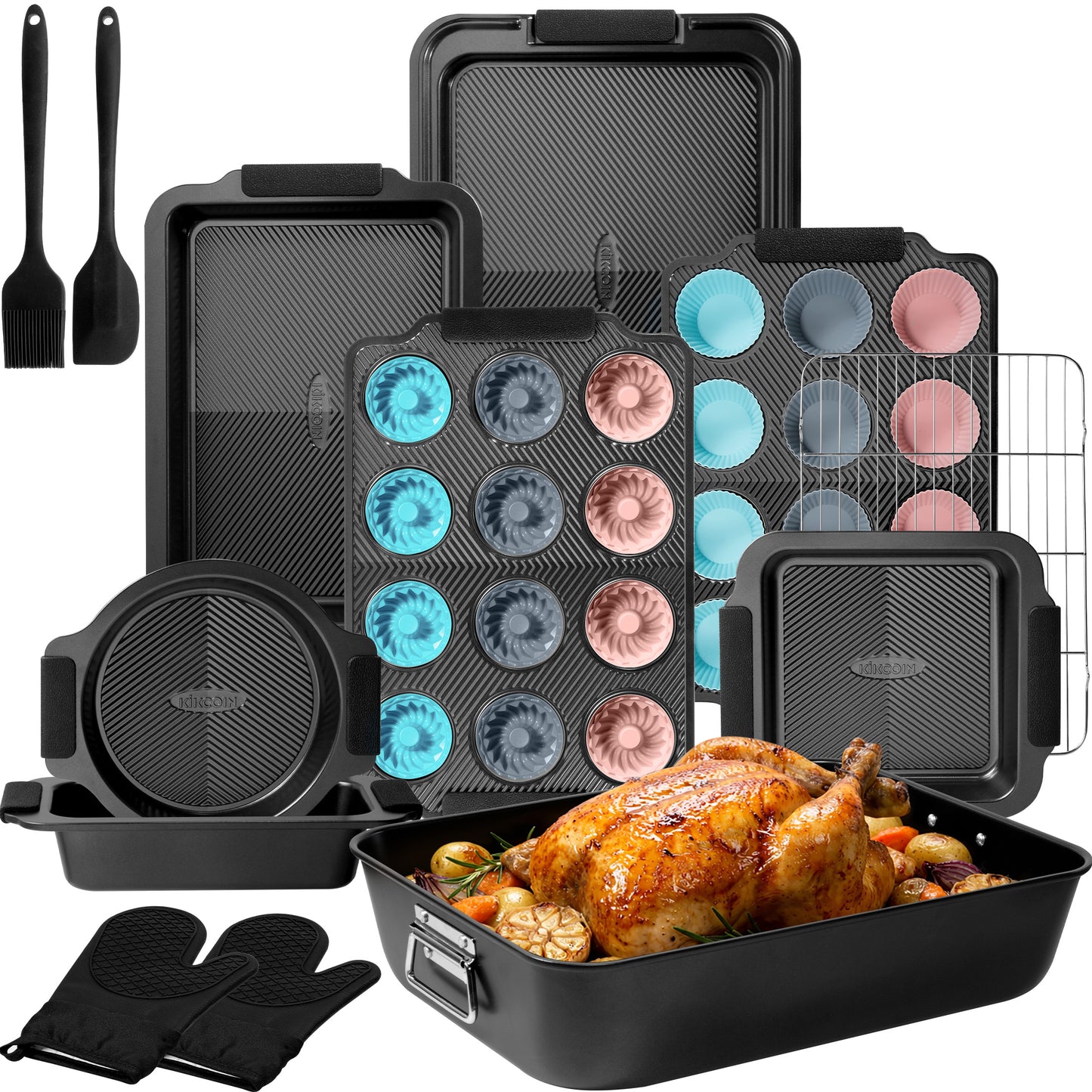 Kikcoin 37-piece Bakeware Set, Non-stick Baking Pans Set with Silicone Handles, 446°F Oven Safe Stackable Baking Sheets for Kitchen, Cookie Sheets with textured surface, Black