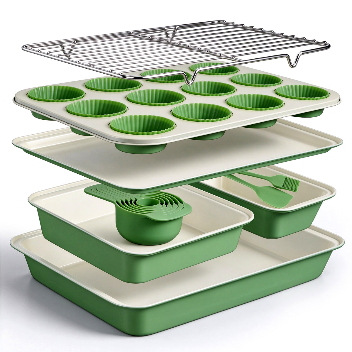 Kikcoin Bakeware Set, 22 Pcs Carbon Steel Non-Stick Baking Pan Set, Baking Sheet for Kitchen, Muffin Pan & Cookie Sheet & Cake Pan, Oven Safe up to 446℉, Sage Green