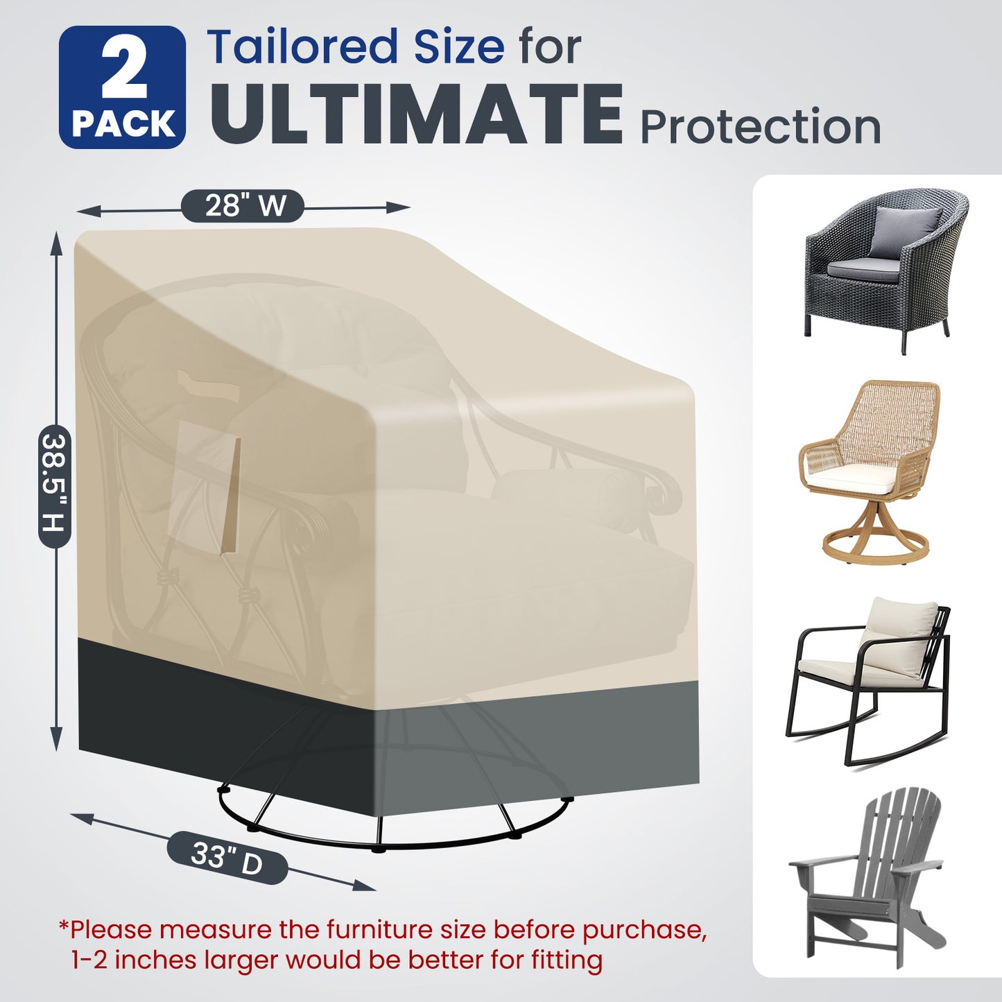 Extra Heavy Duty Patio Rocking Chair Covers Waterproof - 2 Pack Patio Furniture Seat Covers for Outdoor Swivel/ Rocking Chair, with Air Vents, 28" W x 33" D x 38.5" H