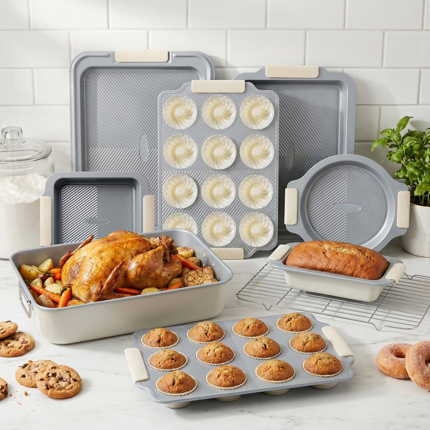 Kikcoin 37-piece Bakeware Set, Non-stick Baking Pans Set with Silicone Handles, 446°F Oven Safe Stackable Baking Sheets for Kitchen, Cookie Sheets with textured surface, Gray