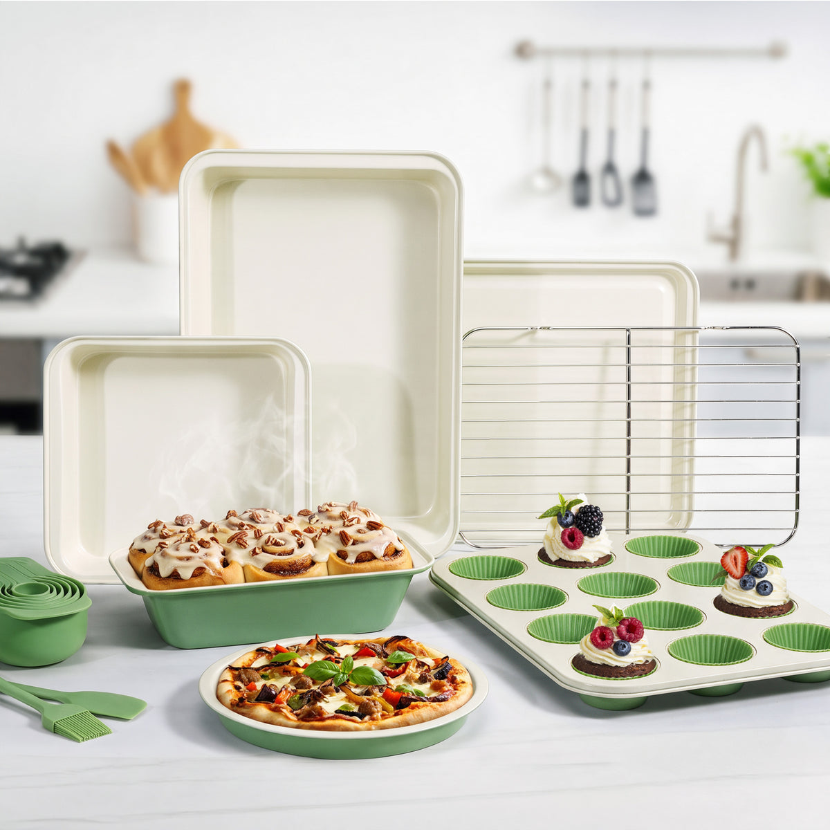 Kikcoin Bakeware Set, 22 Pcs Carbon Steel Non-Stick Baking Pan Set, Baking Sheet for Kitchen, Muffin Pan & Cookie Sheet & Cake Pan, Oven Safe up to 446℉, Sage Green