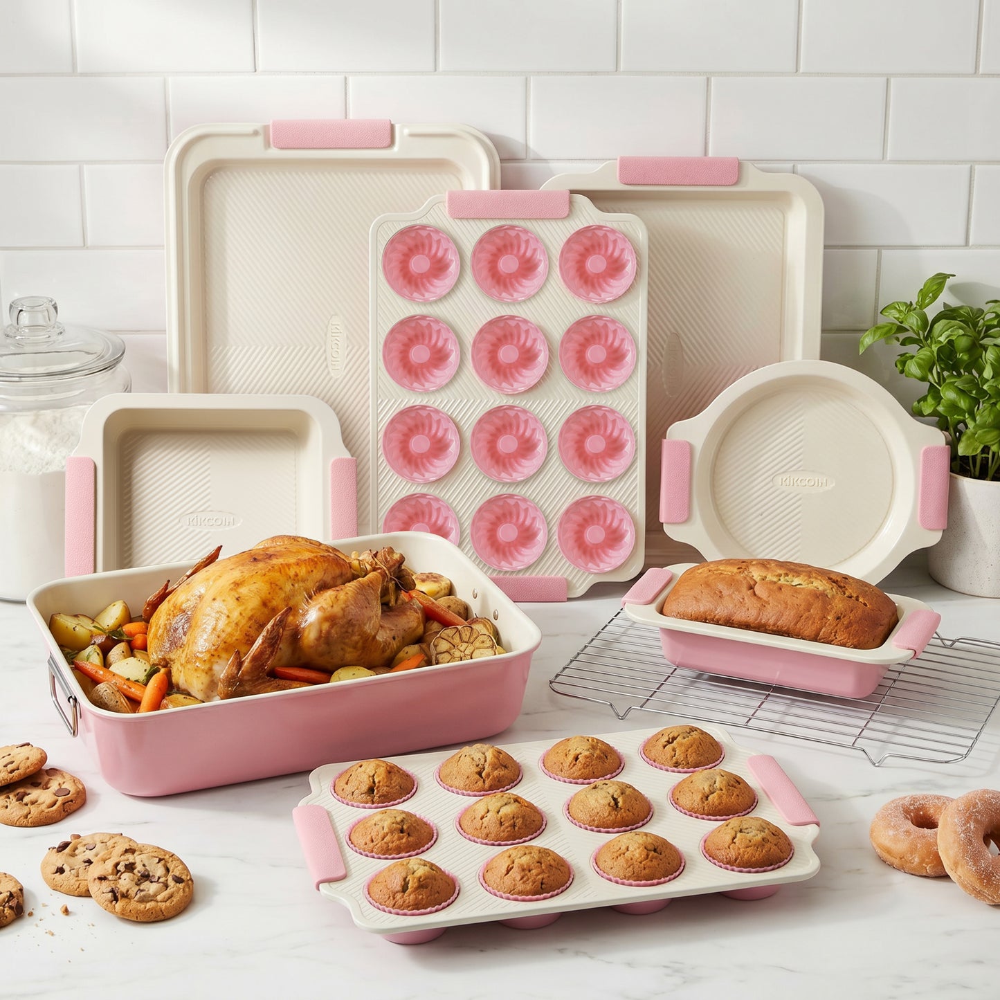 Kikcoin 37-piece Bakeware Set, Non-stick Baking Pans Set with Silicone Handles, 446°F Oven Safe Stackable Baking Sheets for Kitchen, Cookie Sheets with textured surface, Pink