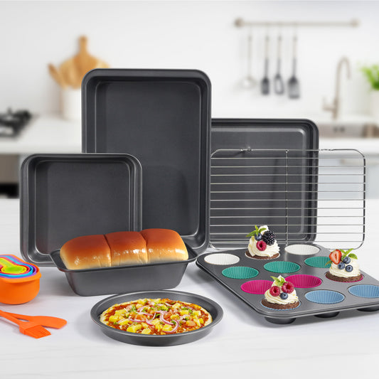 Kikcoin Bakeware Set, 22 Pcs Carbon Steel Non-stick Baking Pan Set, Baking Set for Kitchen Including Muffin Pan, Cookie Sheet & Cake Pan, Oven Safe up to 446℉