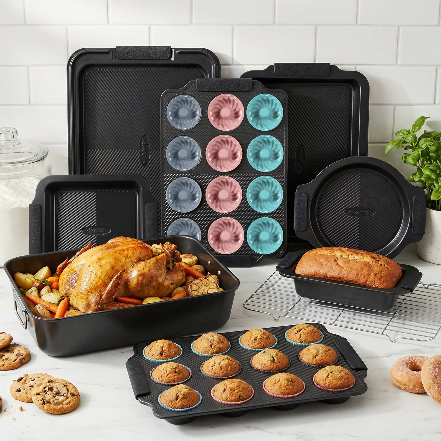 Kikcoin 37-piece Bakeware Set, Non-stick Baking Pans Set with Silicone Handles, 446°F Oven Safe Stackable Baking Sheets for Kitchen, Cookie Sheets with textured surface, Black