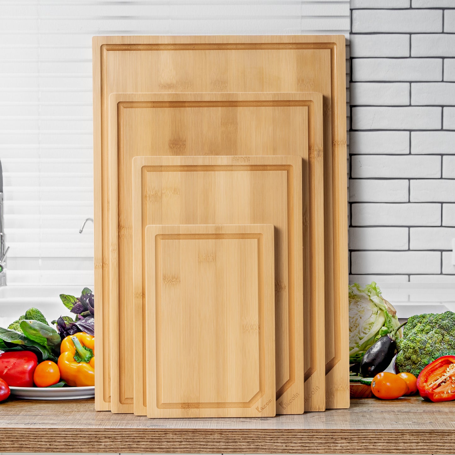 Kikcoin Bamboo Cutting Board, 4 Pcs Extra Large Wood Cutting Boards for Kitchen, Deep Juice Groove Serving Tray