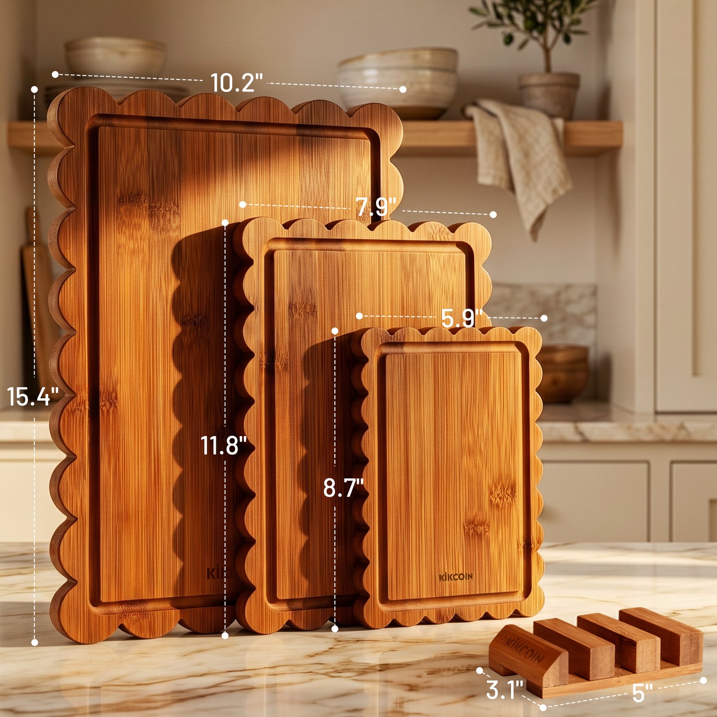 Kikcoin 4-Piece Bamboo Cutting Board Set with Storage Stand, Deep-Carbonized Wooden Cutting Boards for Kitchen, Reversible Chopping Serving Tray