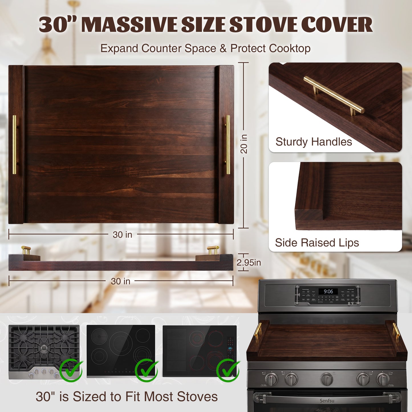 Kikcoin 30 x 20 Extra Large Cutting Board, Acacia Wood Stove Top Cover Board with Handle, Heavy Duty Noodle Board for Gas/Electric Ranges, Kitchen Sink Cover with Non-Slip Pads