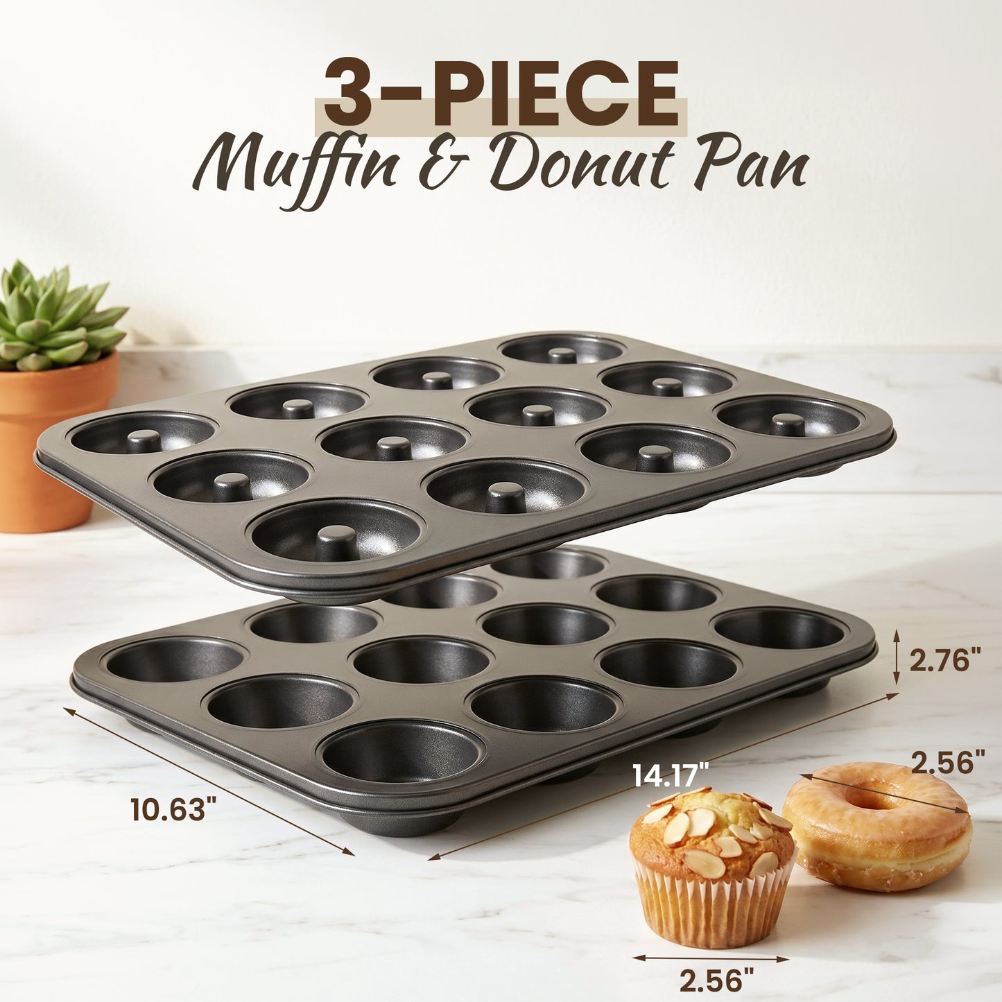 Kikcoin 3-Piece Muffin Pans & Donut Pan, Nonstick Baking Pan Set, Carbon Steel Bakeware Sets for Cupcakes, Donuts & Homemade Desserts, Oven Safe Up to 446℉