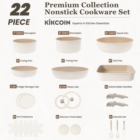𝙉𝙊𝙉𝙎𝙏𝙄𝘾𝙆 22 Pcs Pots and Pans Set Non Stick, Detachable Handle Cookware Sets Nonstick, Non Toxic Induction RV Kitchen Cooking Set with Removable Handles, Dishwasher/Oven Safe (Beige/Taupe)