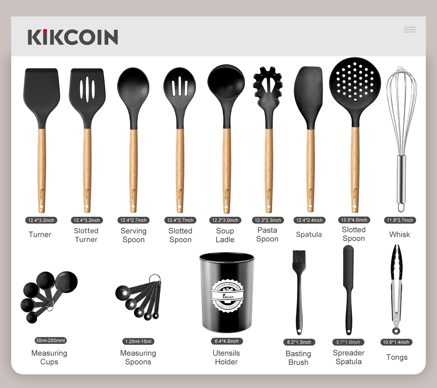 Kikcoin 23 PCS Kitchen Utensil Set, Wooden Handle Silicone Cooking Utensils with Holder, Heat resistant Spatula Set for Non-stick Cookware, Black