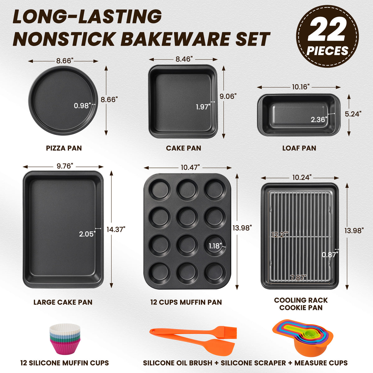 Kikcoin Bakeware Set, 22 Pcs Carbon Steel Non-stick Baking Pan Set, Baking Set for Kitchen Including Muffin Pan, Cookie Sheet & Cake Pan, Oven Safe up to 446℉