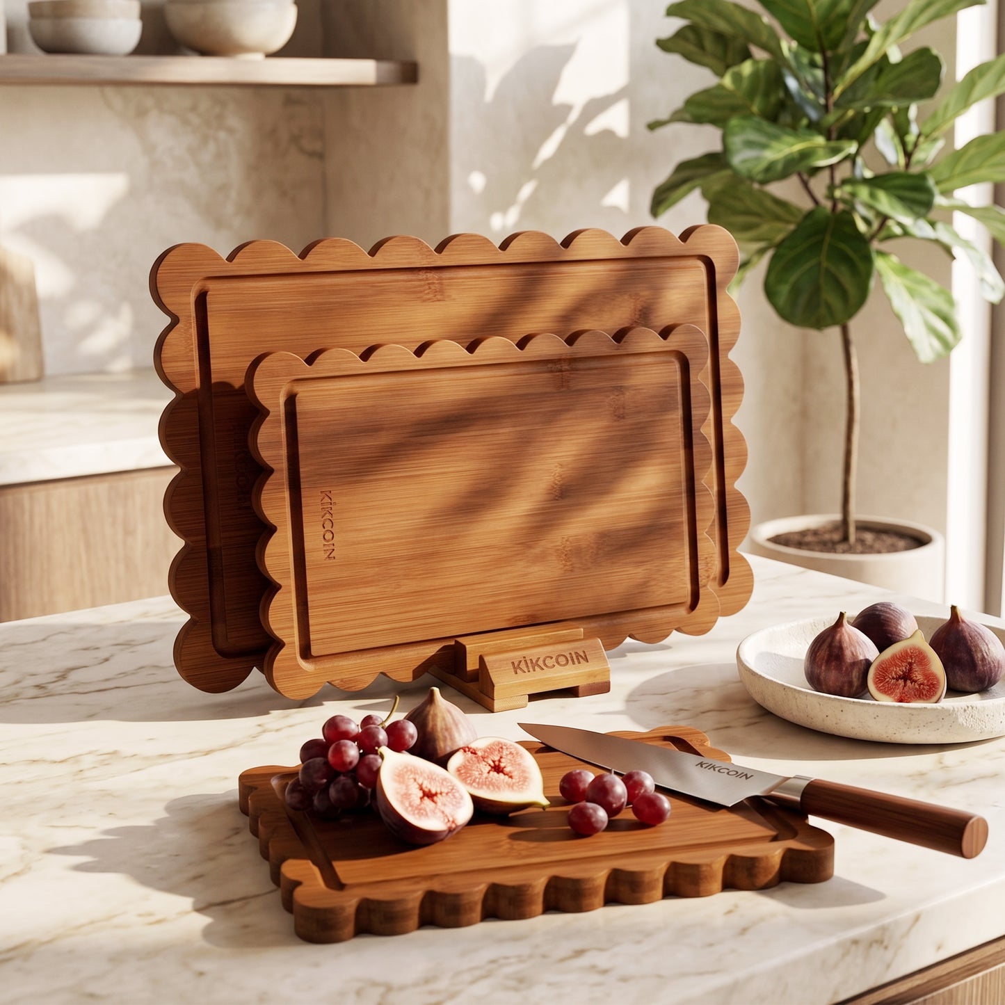 Kikcoin 4-Piece Bamboo Cutting Board Set with Storage Stand, Deep-Carbonized Wooden Cutting Boards for Kitchen, Reversible Chopping Serving Tray