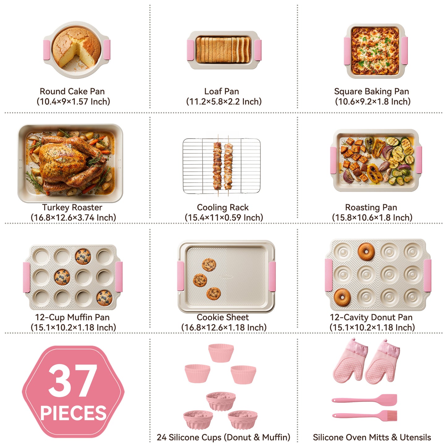 Kikcoin 37-piece Bakeware Set, Non-stick Baking Pans Set with Silicone Handles, 446°F Oven Safe Stackable Baking Sheets for Kitchen, Cookie Sheets with textured surface, Pink