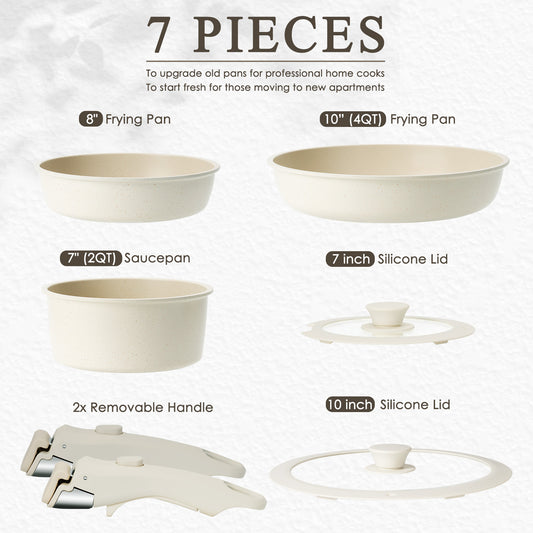 KIKCOIN 7 Pcs Pots and Pans Set Non Stick, Kitchen Cookware Set with 2 Detachable Handles &2 Lids, Non Toxic Induction RV Cooking Set with Removable Handles, Dishwasher/Oven Safe, Apartment Essentials