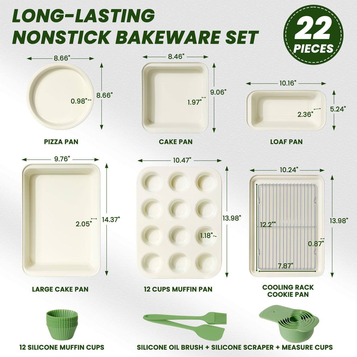 Kikcoin Bakeware Set, 22 Pcs Carbon Steel Non-Stick Baking Pan Set, Baking Sheet for Kitchen, Muffin Pan & Cookie Sheet & Cake Pan, Oven Safe up to 446℉, Sage Green