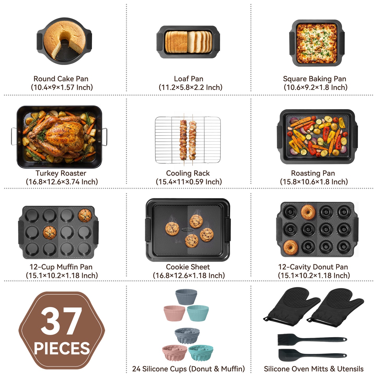 Kikcoin 37-piece Bakeware Set, Non-stick Baking Pans Set with Silicone Handles, 446°F Oven Safe Stackable Baking Sheets for Kitchen, Cookie Sheets with textured surface, Black