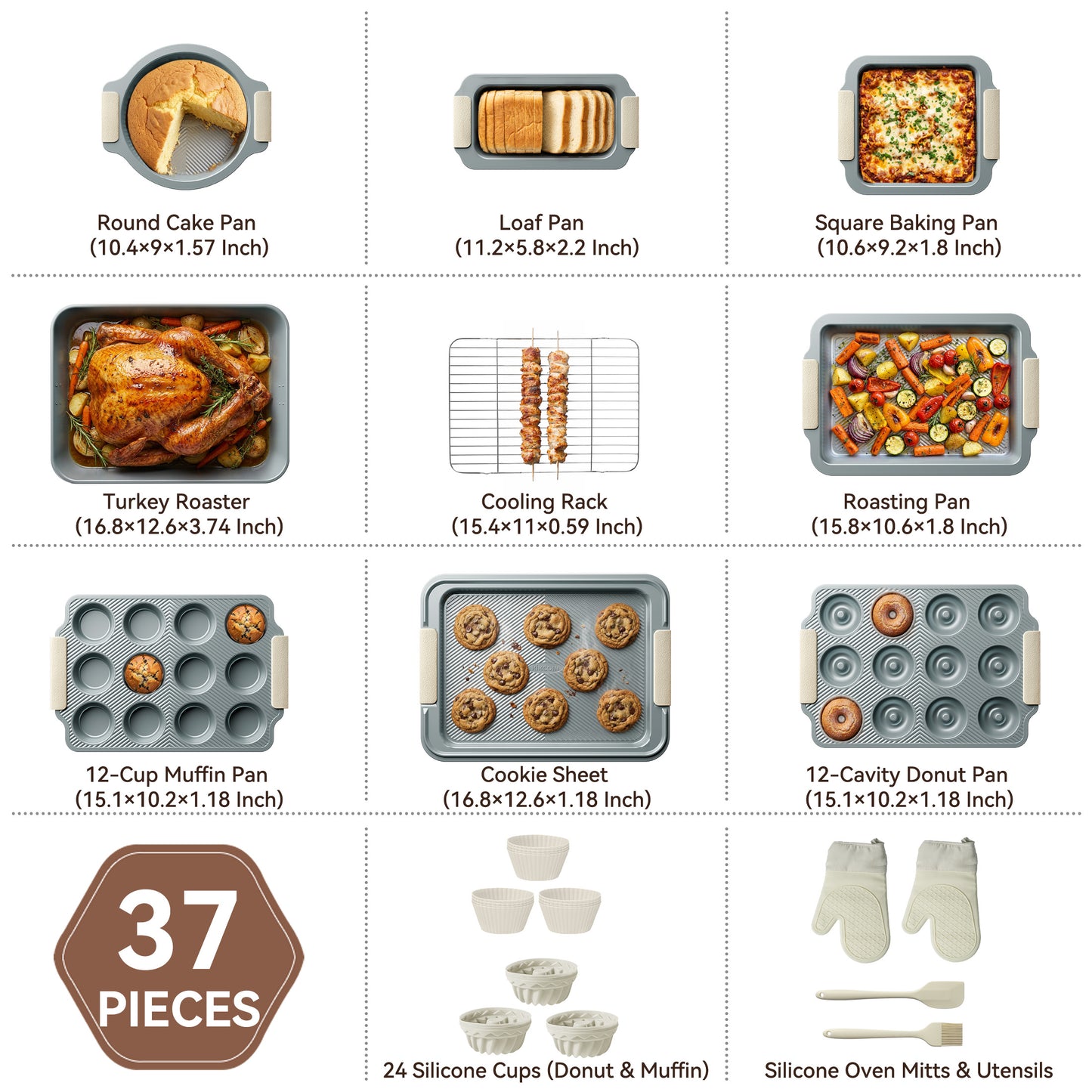 Kikcoin 37-piece Bakeware Set, Non-stick Baking Pans Set with Silicone Handles, 446°F Oven Safe Stackable Baking Sheets for Kitchen, Cookie Sheets with textured surface, Gray