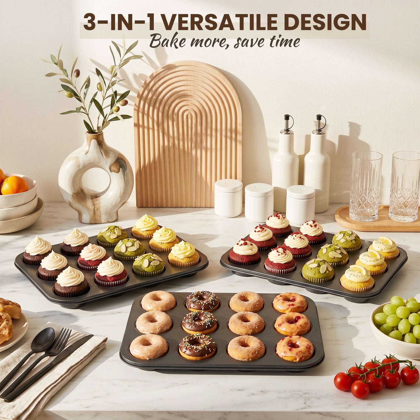 Kikcoin 3-Piece Muffin Pans & Donut Pan, Nonstick Baking Pan Set, Carbon Steel Bakeware Sets for Cupcakes, Donuts & Homemade Desserts, Oven Safe Up to 446℉