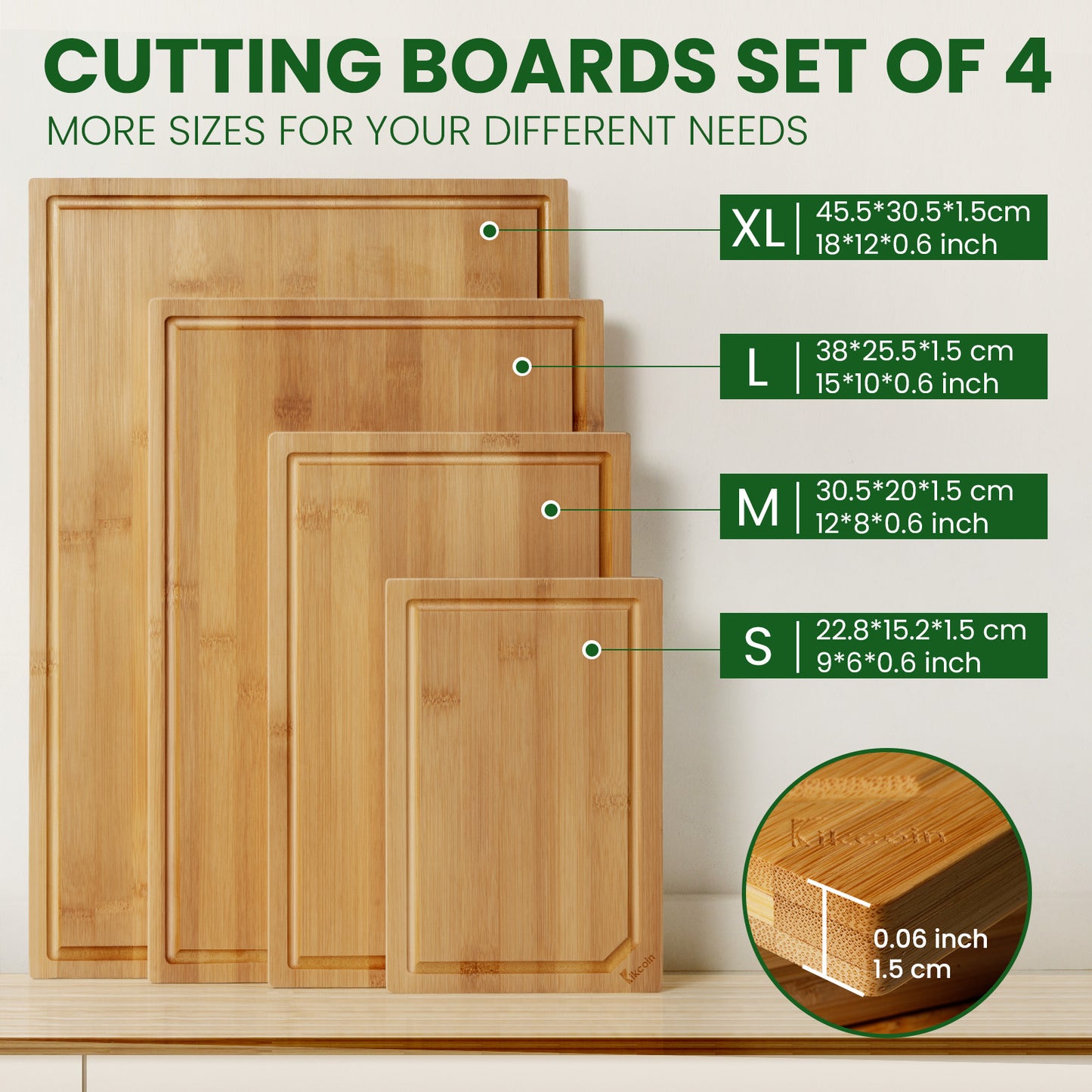Kikcoin Bamboo Cutting Board, 4 Pcs Extra Large Wood Cutting Boards for Kitchen, Deep Juice Groove Serving Tray