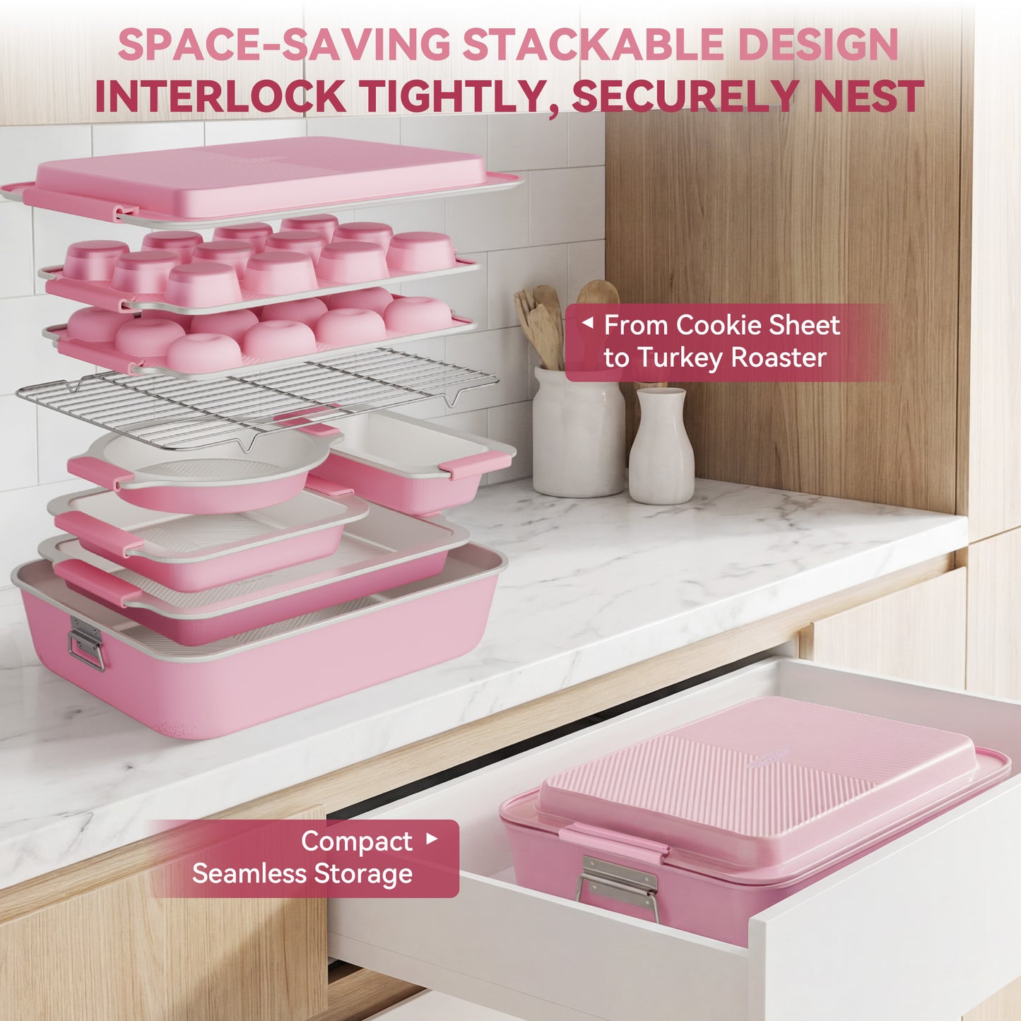 Kikcoin 37-piece Bakeware Set, Non-stick Baking Pans Set with Silicone Handles, 446°F Oven Safe Stackable Baking Sheets for Kitchen, Cookie Sheets with textured surface, Pink
