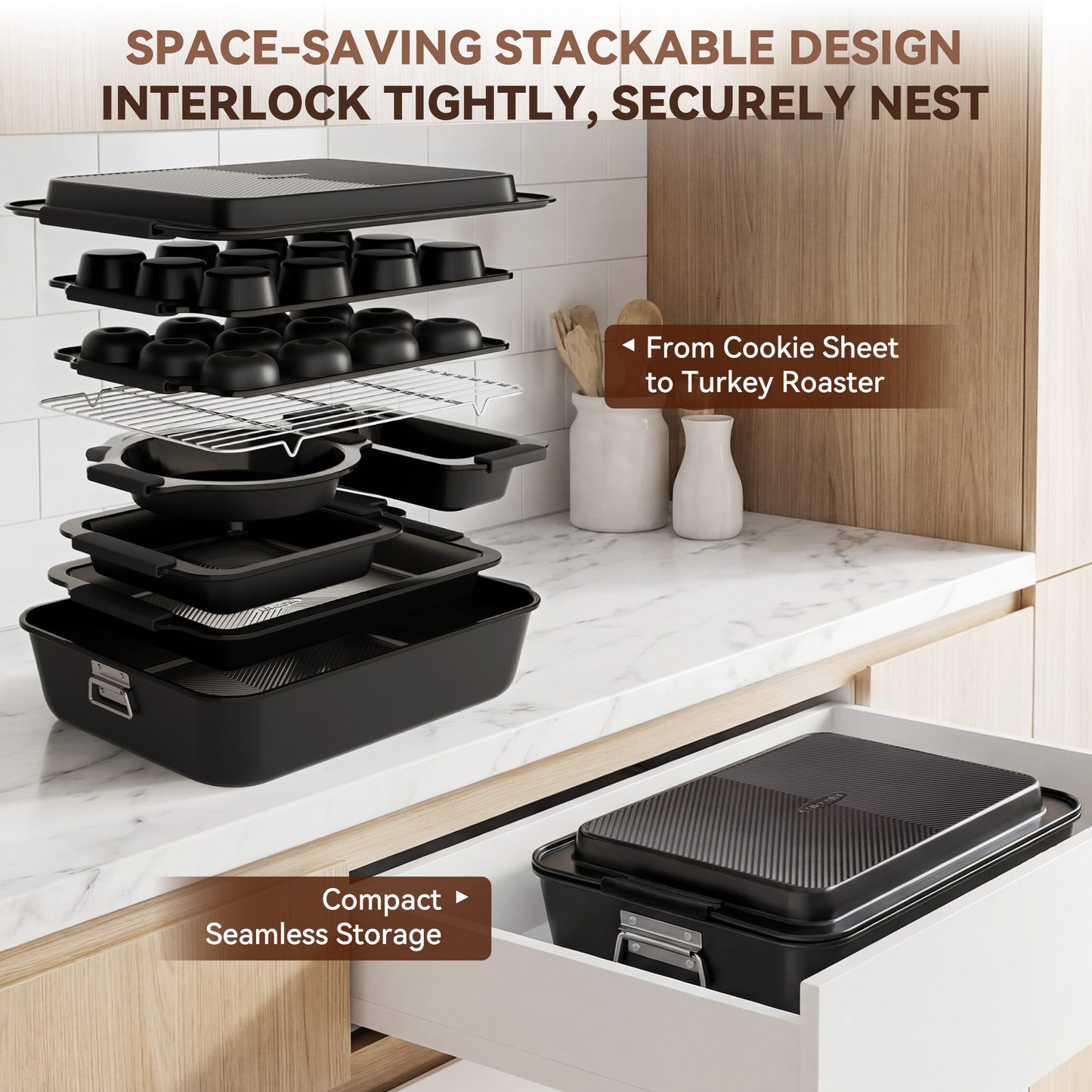 Kikcoin 37-piece Bakeware Set, Non-stick Baking Pans Set with Silicone Handles, 446°F Oven Safe Stackable Baking Sheets for Kitchen, Cookie Sheets with textured surface, Black
