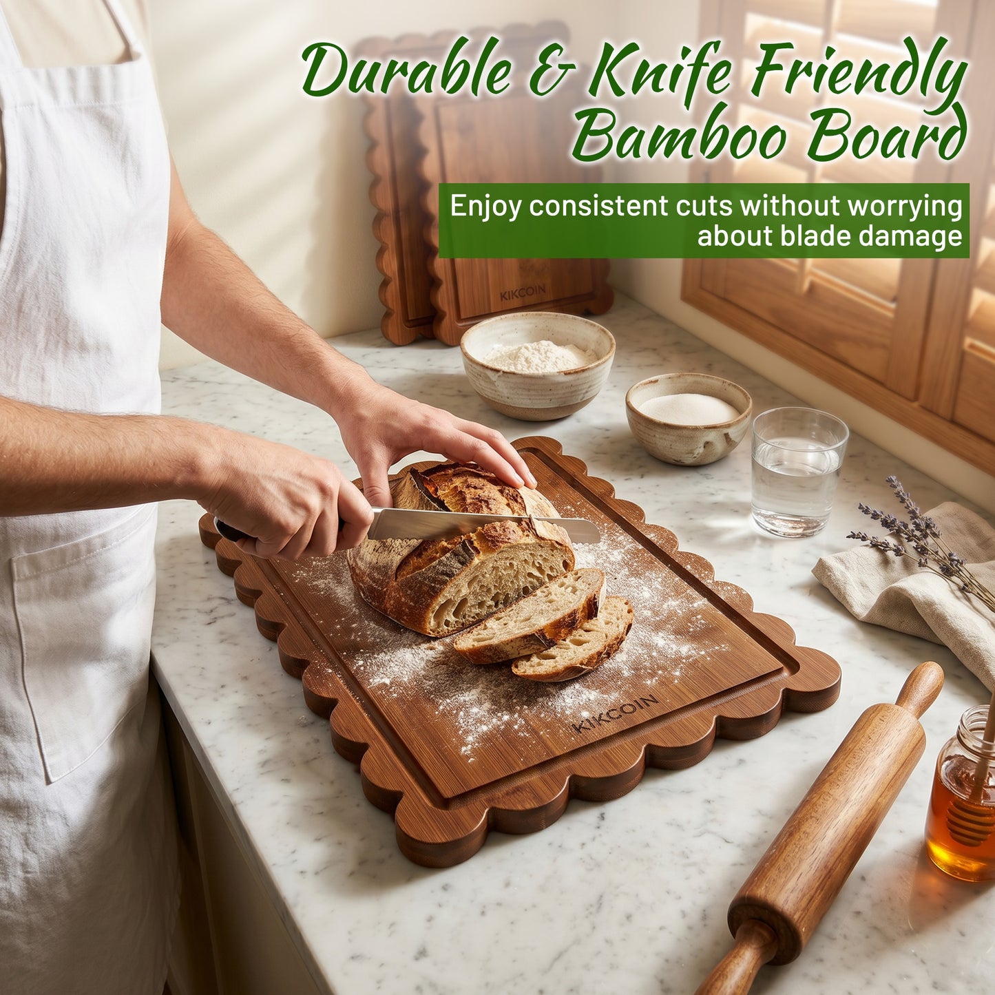 Kikcoin 4-Piece Bamboo Cutting Board Set with Storage Stand, Deep-Carbonized Wooden Cutting Boards for Kitchen, Reversible Chopping Serving Tray