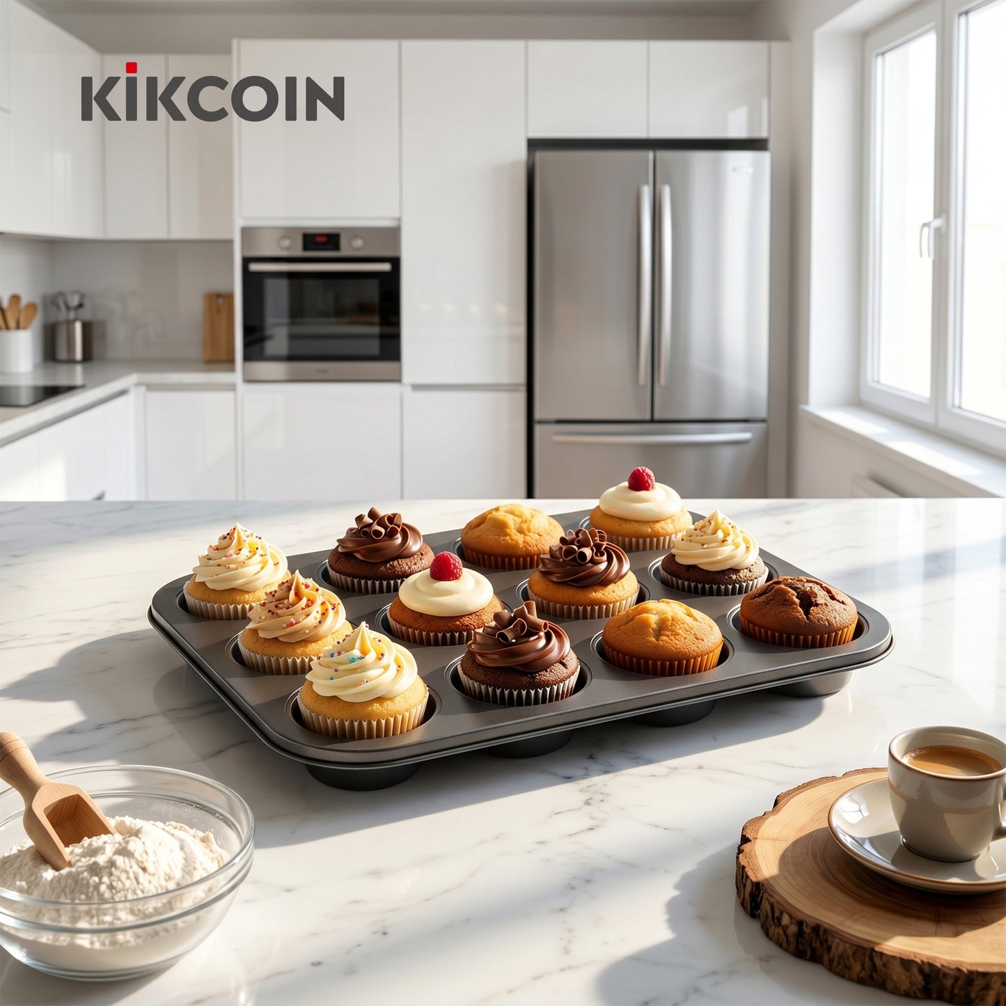 Kikcoin 3-Piece Muffin Pans & Donut Pan, Nonstick Baking Pan Set, Carbon Steel Bakeware Sets for Cupcakes, Donuts & Homemade Desserts, Oven Safe Up to 446℉