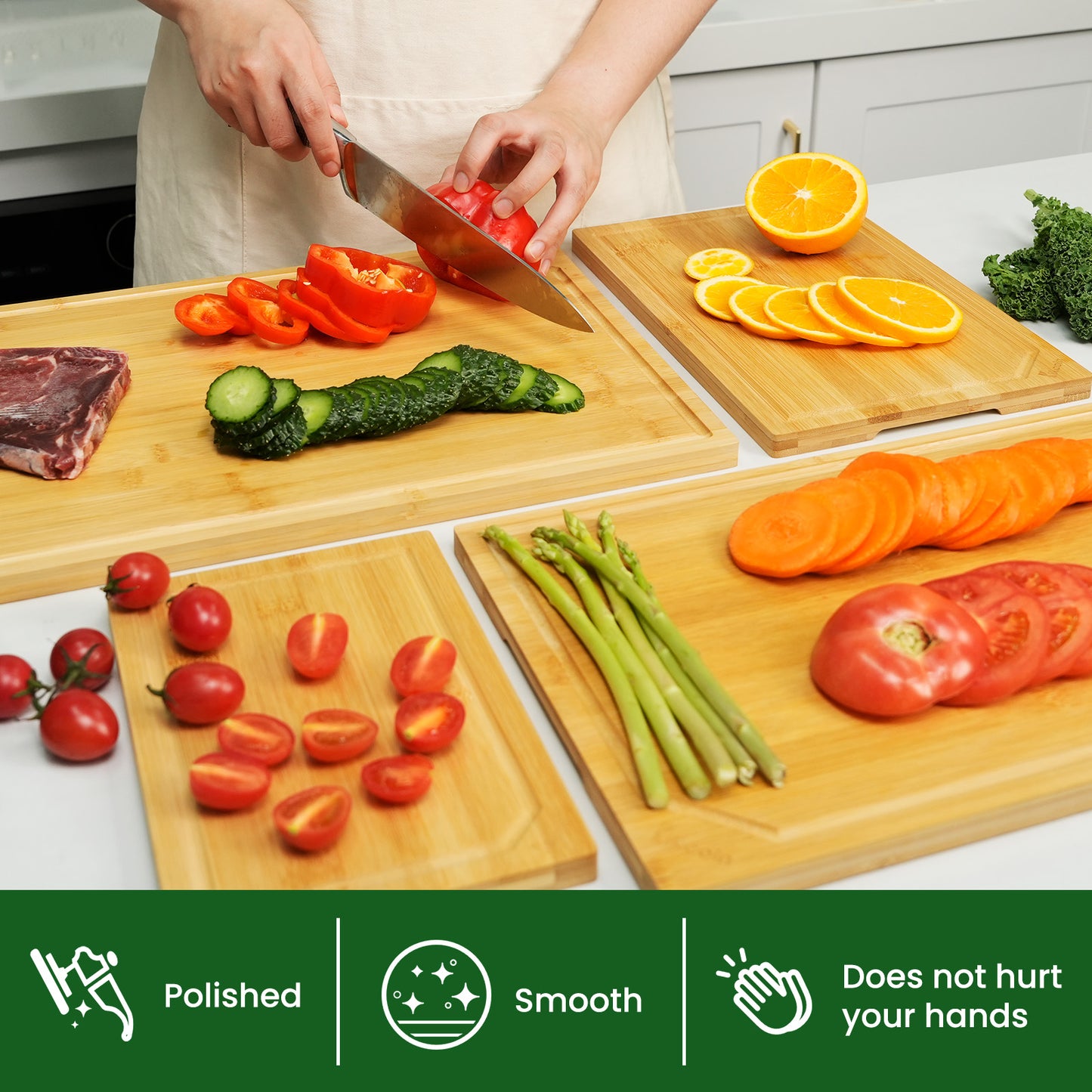 Kikcoin Bamboo Cutting Board, 4 Pcs Extra Large Wood Cutting Boards for Kitchen, Deep Juice Groove Serving Tray