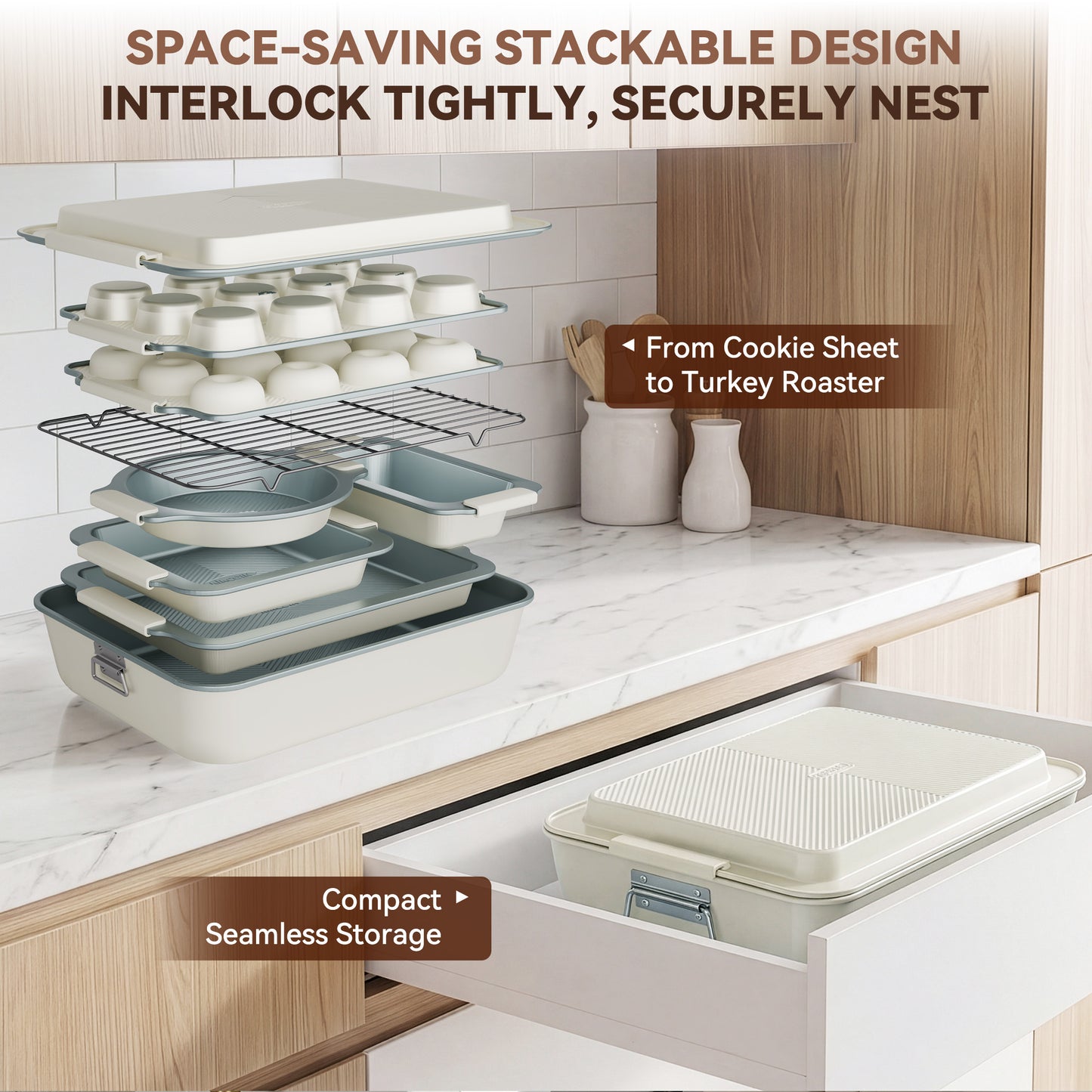 Kikcoin 37-piece Bakeware Set, Non-stick Baking Pans Set with Silicone Handles, 446°F Oven Safe Stackable Baking Sheets for Kitchen, Cookie Sheets with textured surface, Gray