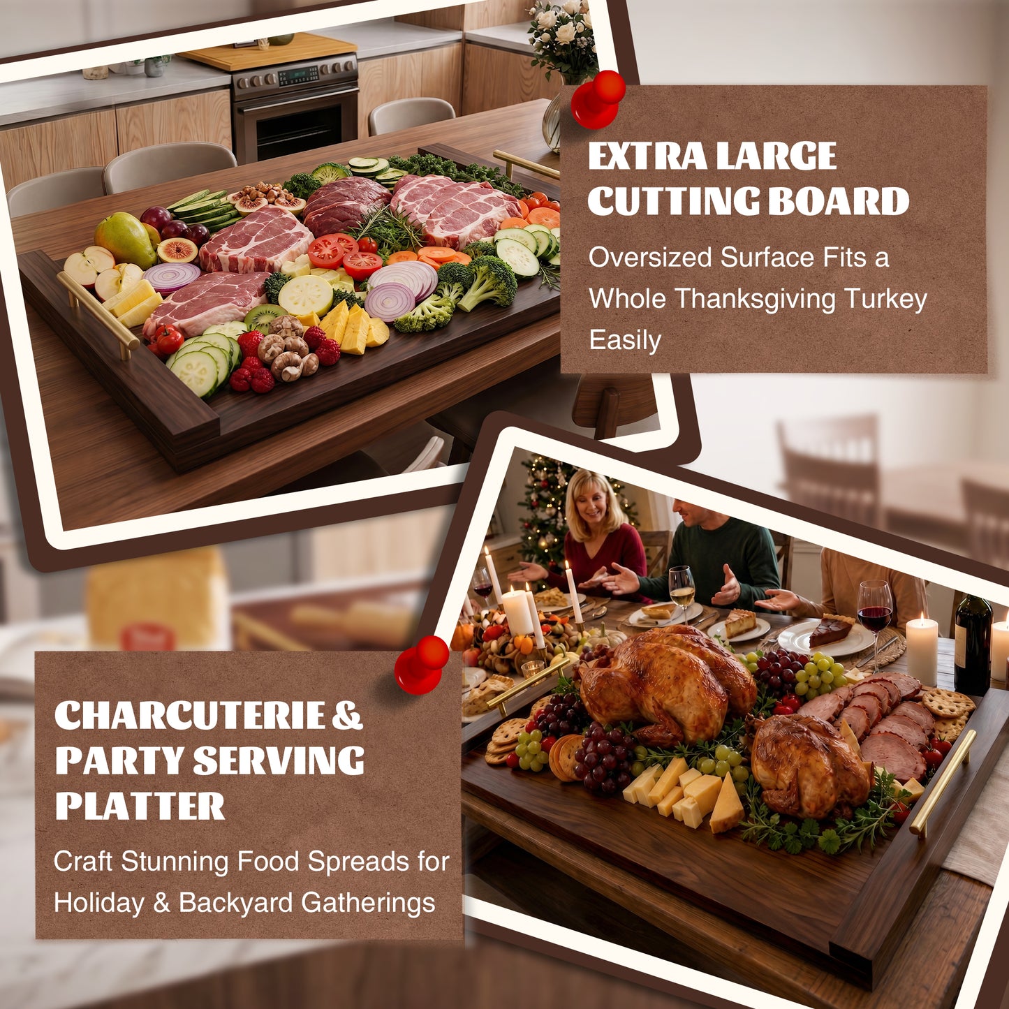 Kikcoin 30 x 20 Extra Large Cutting Board, Acacia Wood Stove Top Cover Board with Handle, Heavy Duty Noodle Board for Gas/Electric Ranges, Kitchen Sink Cover with Non-Slip Pads