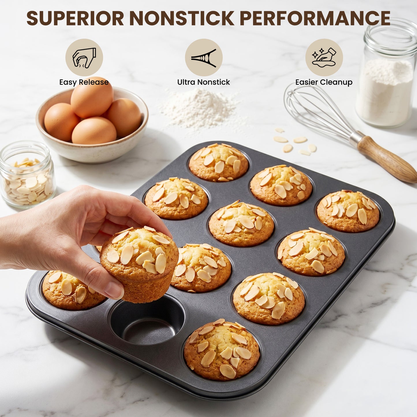Kikcoin 3-Piece Muffin Pans & Donut Pan, Nonstick Baking Pan Set, Carbon Steel Bakeware Sets for Cupcakes, Donuts & Homemade Desserts, Oven Safe Up to 446℉
