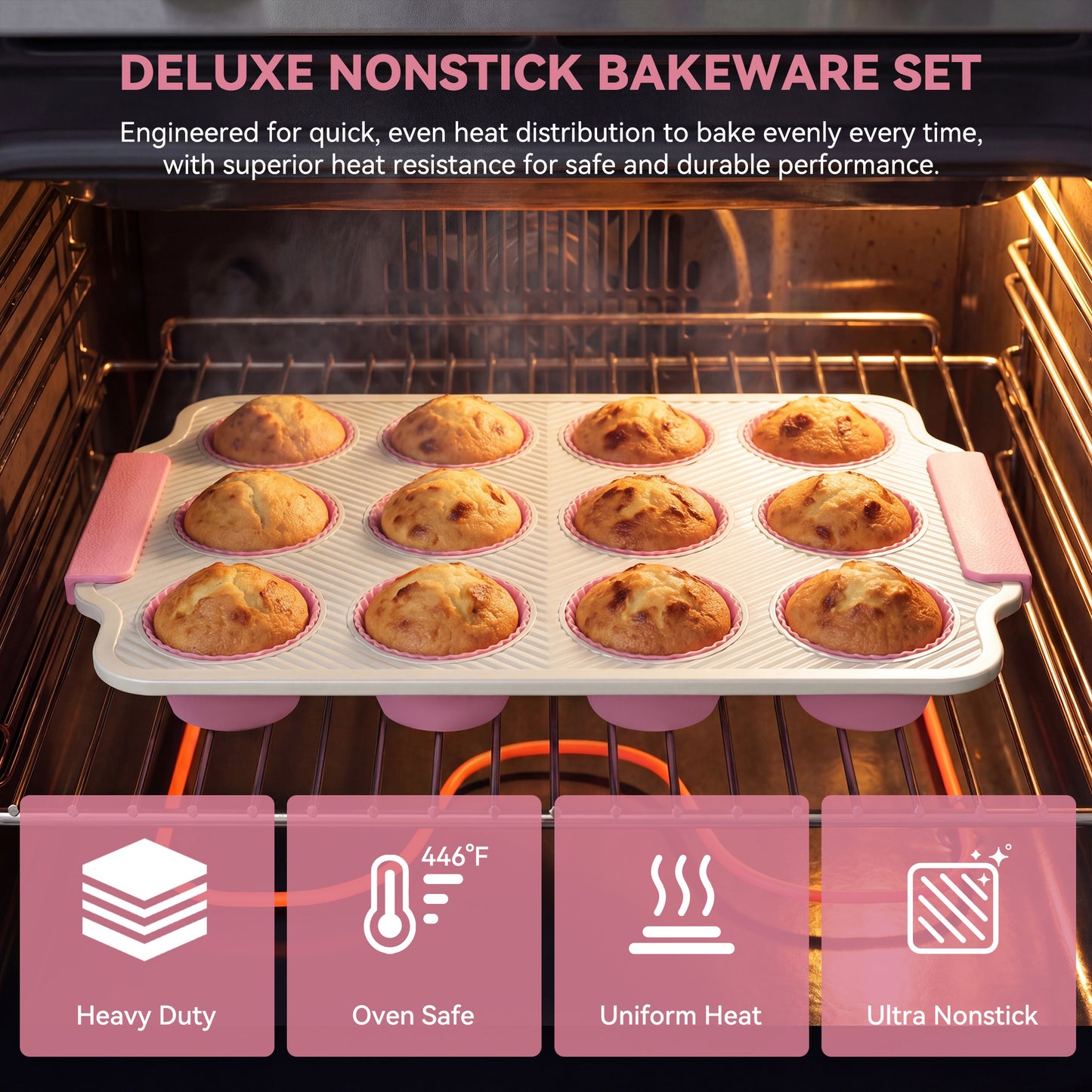 Kikcoin 37-piece Bakeware Set, Non-stick Baking Pans Set with Silicone Handles, 446°F Oven Safe Stackable Baking Sheets for Kitchen, Cookie Sheets with textured surface, Pink