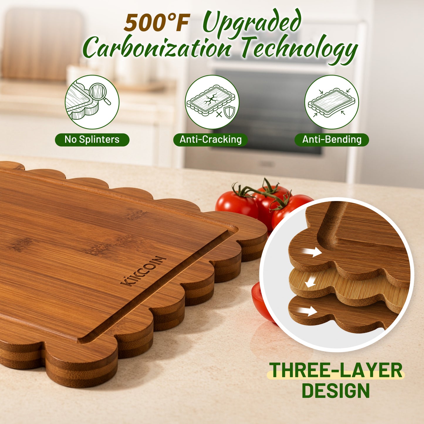 Kikcoin 4-Piece Bamboo Cutting Board Set with Storage Stand, Deep-Carbonized Wooden Cutting Boards for Kitchen, Reversible Chopping Serving Tray