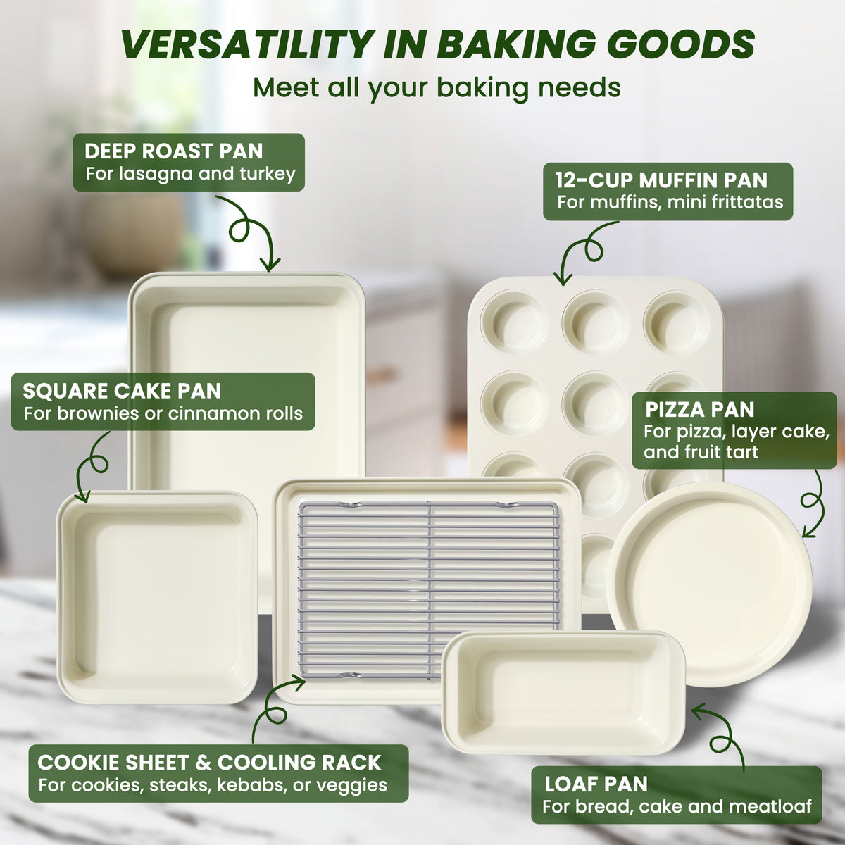 Kikcoin Bakeware Set, 22 Pcs Carbon Steel Non-Stick Baking Pan Set, Baking Sheet for Kitchen, Muffin Pan & Cookie Sheet & Cake Pan, Oven Safe up to 446℉, Sage Green