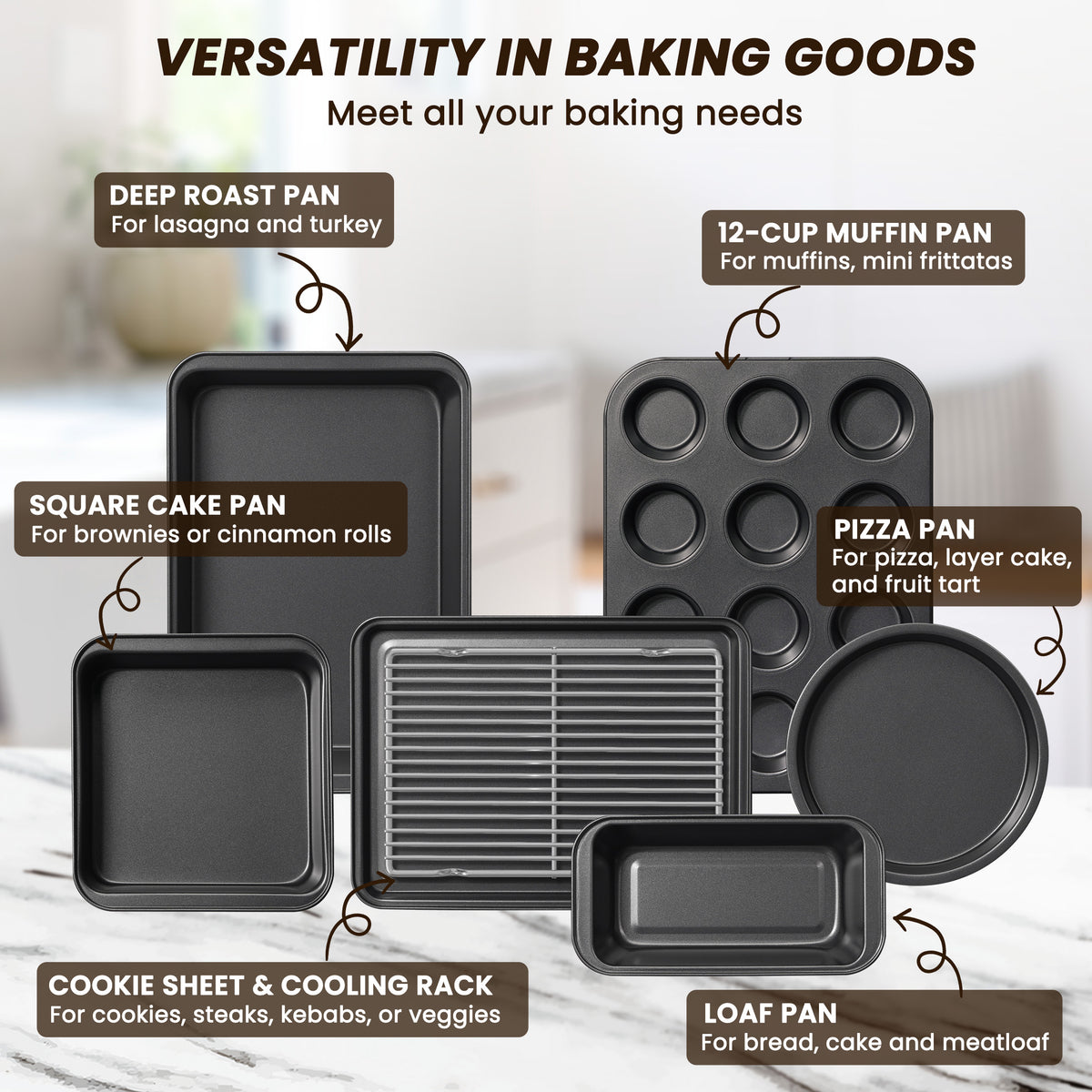 Kikcoin Bakeware Set, 22 Pcs Carbon Steel Non-stick Baking Pan Set, Baking Set for Kitchen Including Muffin Pan, Cookie Sheet & Cake Pan, Oven Safe up to 446℉