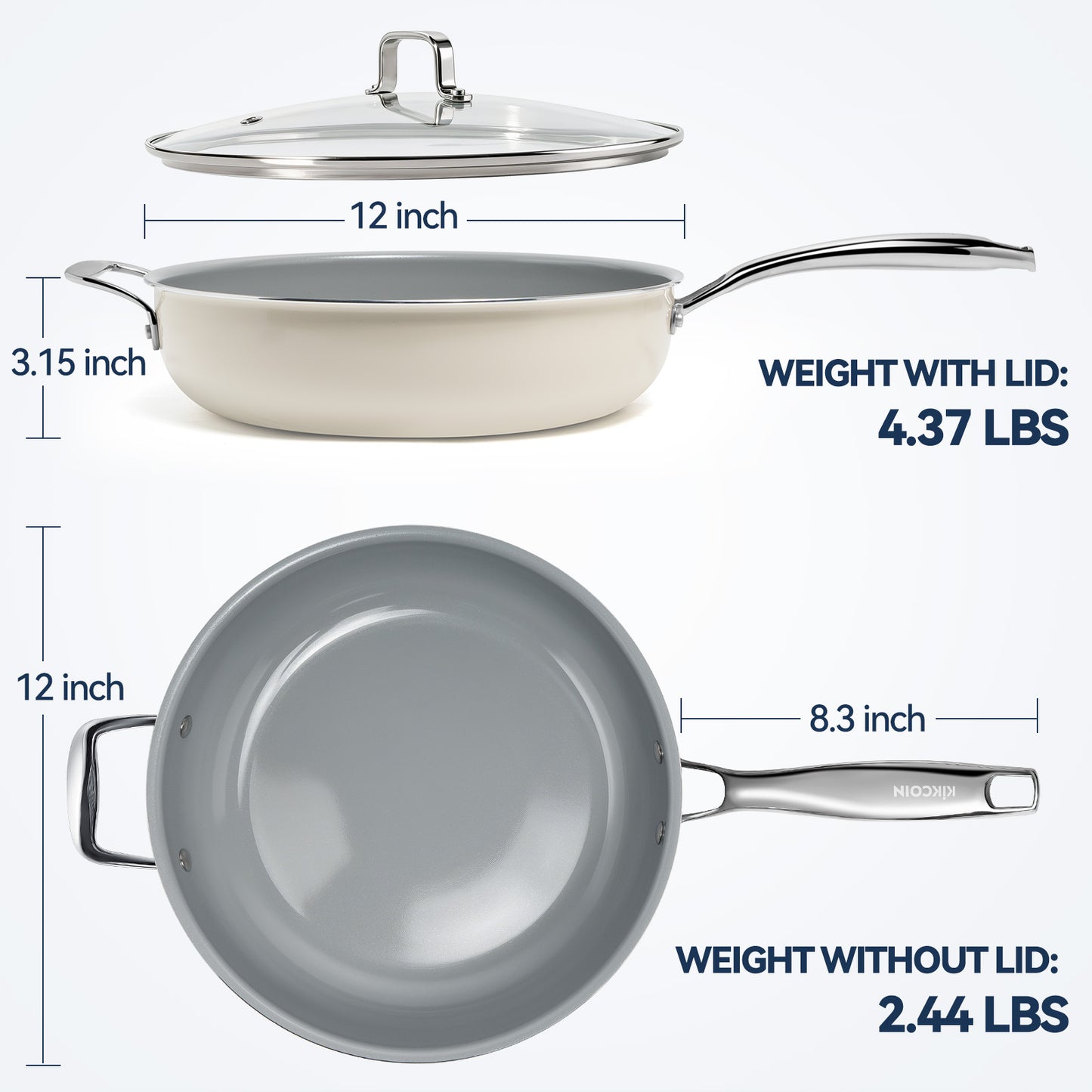 Kikcoin Nonstick Frying Pan with Lid - 12 inch Ceramic Deep Frying Pan for Cooking - 5 QT Large Saute Pan with Stay Cool Handle, Induction Ready, PFAS/PTFE/PFOA Free, All Oven/Dishwasher Safe