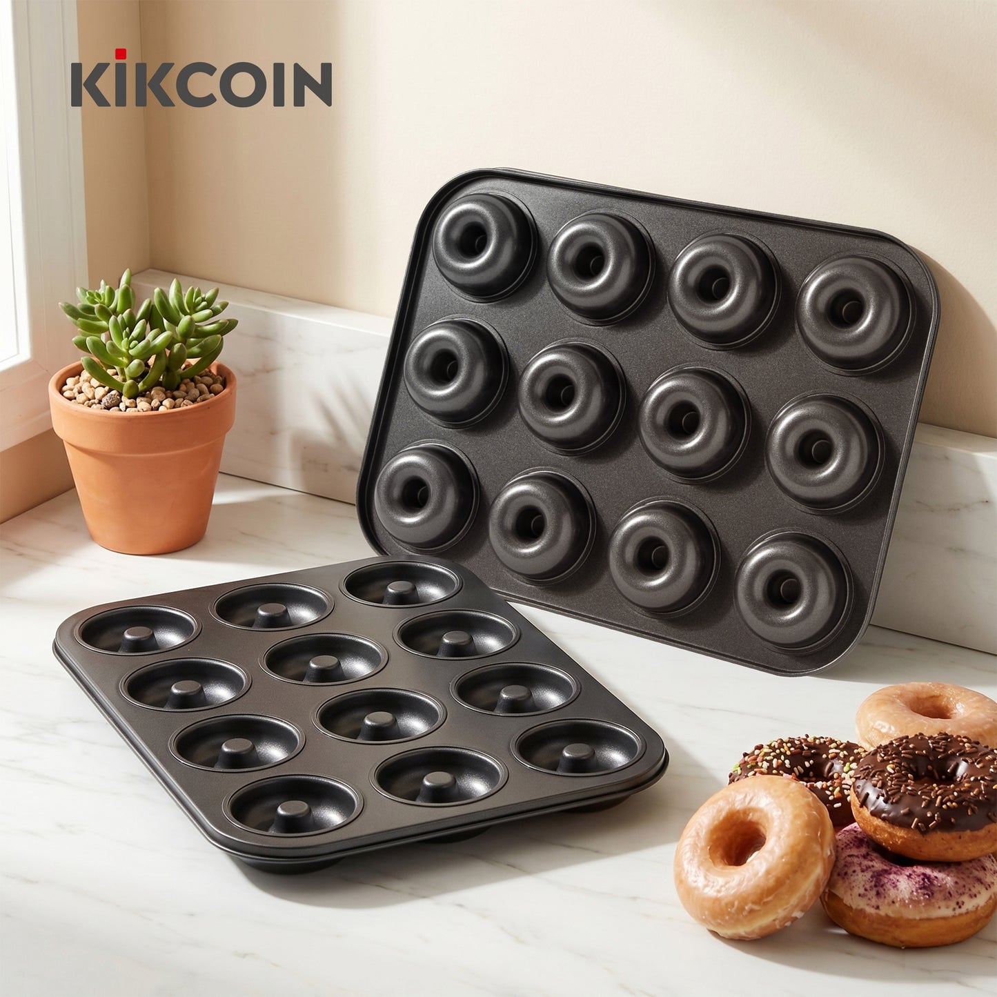 Kikcoin 3-Piece Muffin Pans & Donut Pan, Nonstick Baking Pan Set, Carbon Steel Bakeware Sets for Cupcakes, Donuts & Homemade Desserts, Oven Safe Up to 446℉