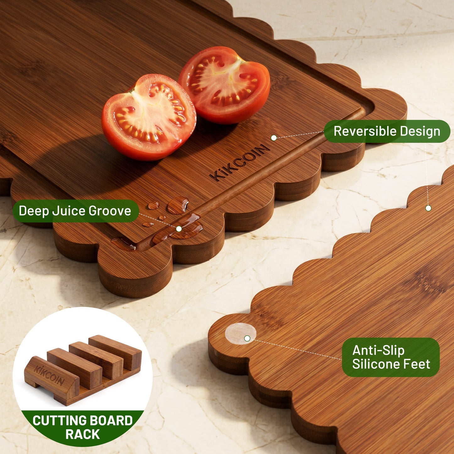 Kikcoin 4-Piece Bamboo Cutting Board Set with Storage Stand, Deep-Carbonized Wooden Cutting Boards for Kitchen, Reversible Chopping Serving Tray