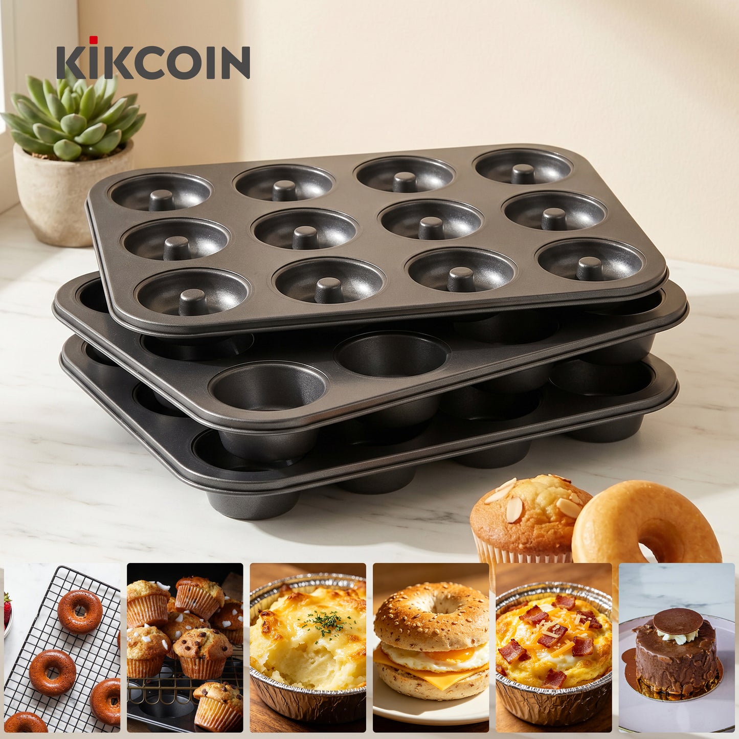 Kikcoin 3-Piece Muffin Pans & Donut Pan, Nonstick Baking Pan Set, Carbon Steel Bakeware Sets for Cupcakes, Donuts & Homemade Desserts, Oven Safe Up to 446℉