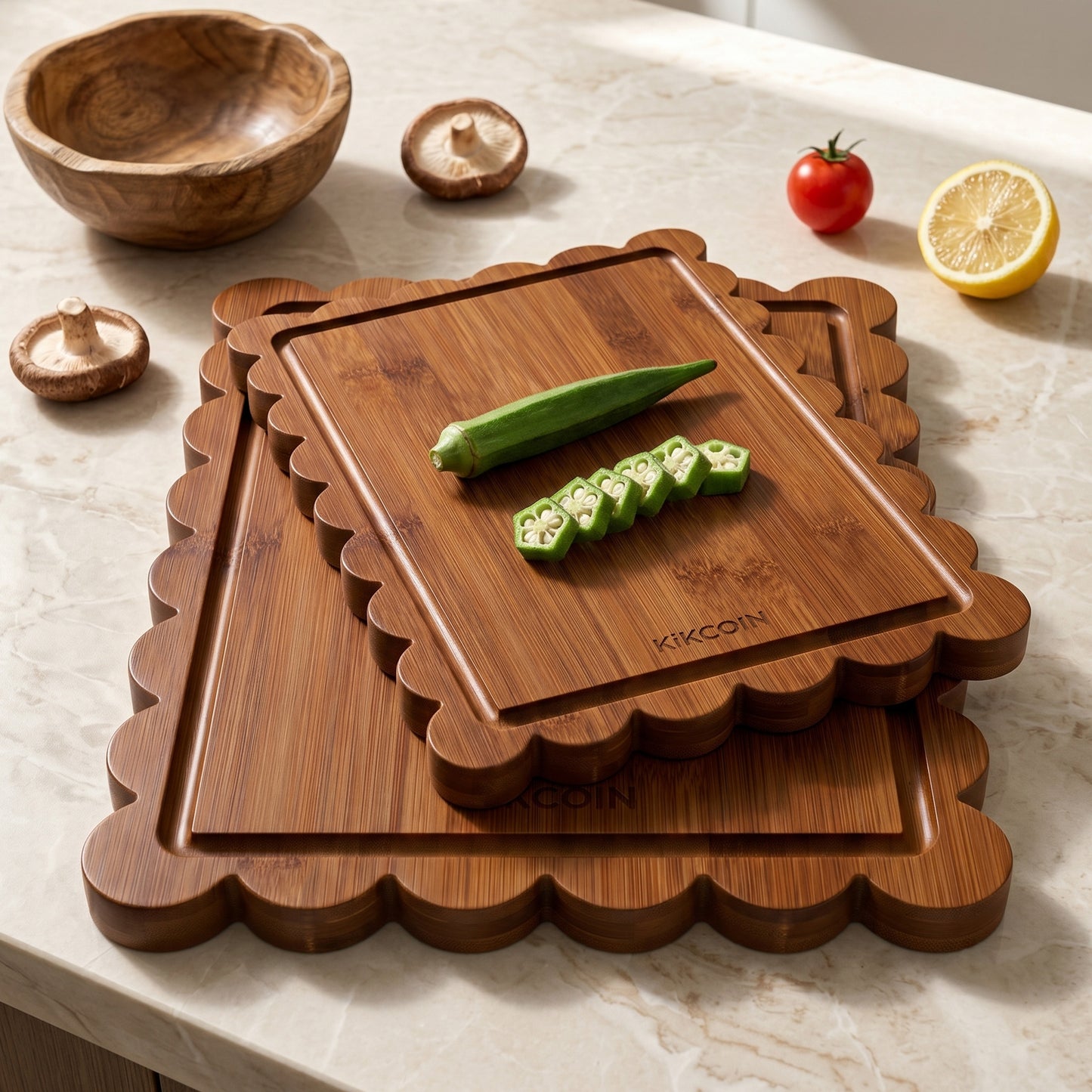 Kikcoin 4-Piece Bamboo Cutting Board Set with Storage Stand, Deep-Carbonized Wooden Cutting Boards for Kitchen, Reversible Chopping Serving Tray