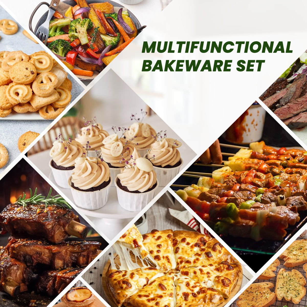 Kikcoin Bakeware Set, 22 Pcs Carbon Steel Non-Stick Baking Pan Set, Baking Sheet for Kitchen, Muffin Pan & Cookie Sheet & Cake Pan, Oven Safe up to 446℉, Sage Green
