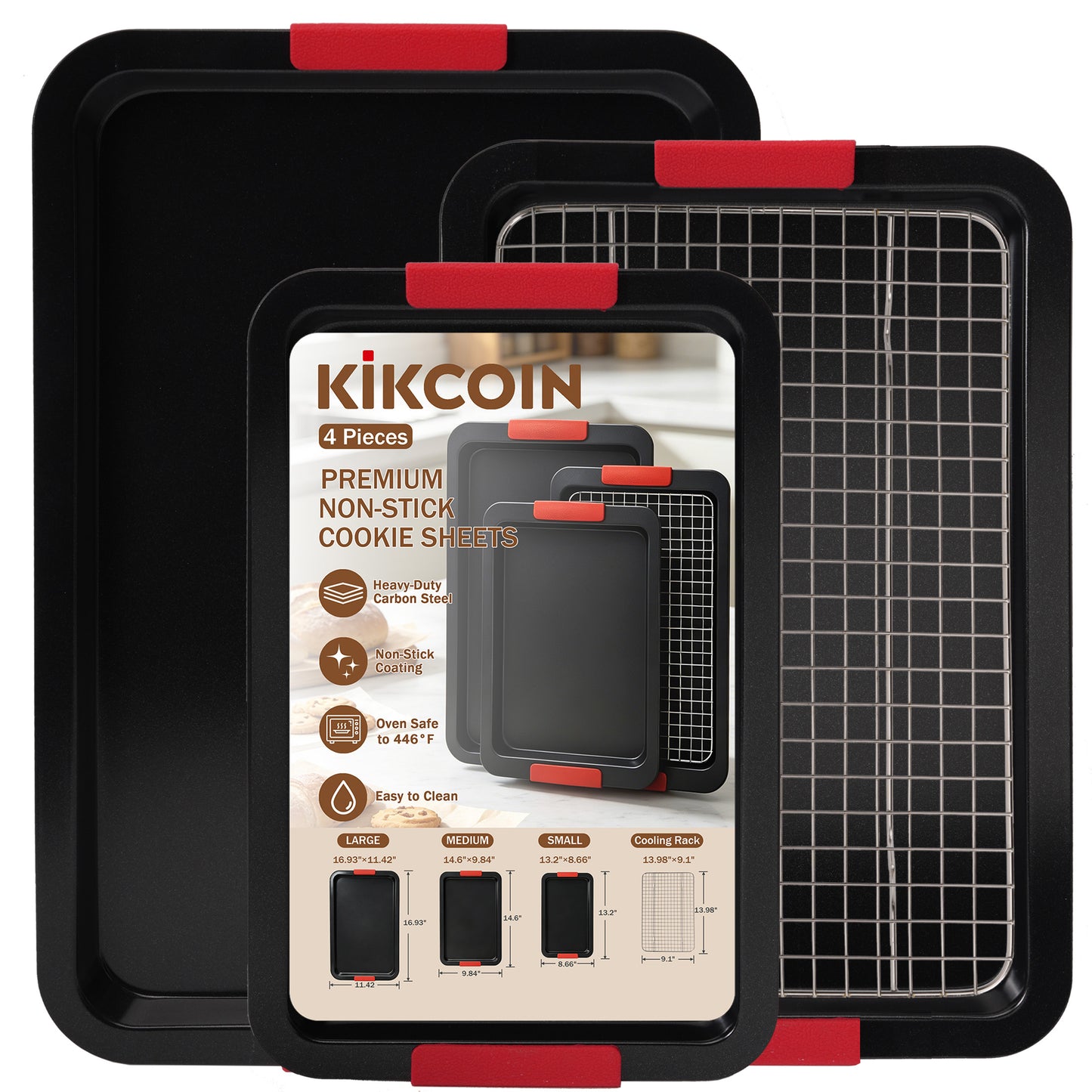 Kikcoin Cookie Sheet Pan, 4-Piece Non-stick Cupcake Pan Set with Cooling Rack, Carbon Steel Baking Set with Silicone Handles, Black